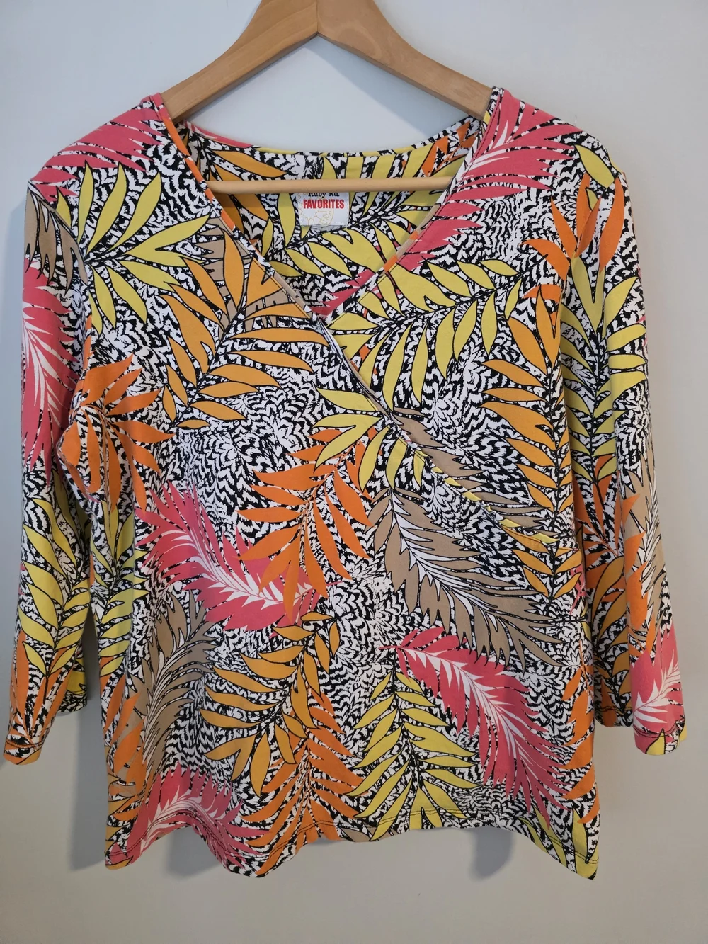 Ruby Rd. Favorites Tropical Leaf Print Faux-Wrap Top 3/4 Sleeve - Picture 2 of 6